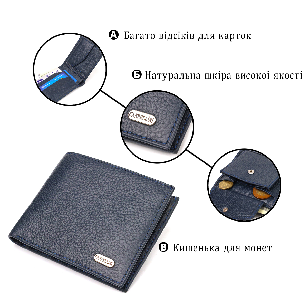 Горизонтальне чоловіче портмоне із натуральної зернистої шкіри CANPELLINI Синє