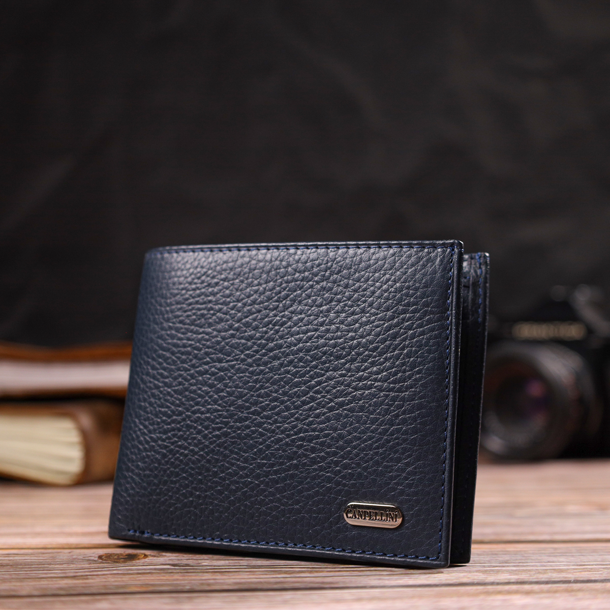 Горизонтальне чоловіче портмоне із натуральної зернистої шкіри CANPELLINI Синє