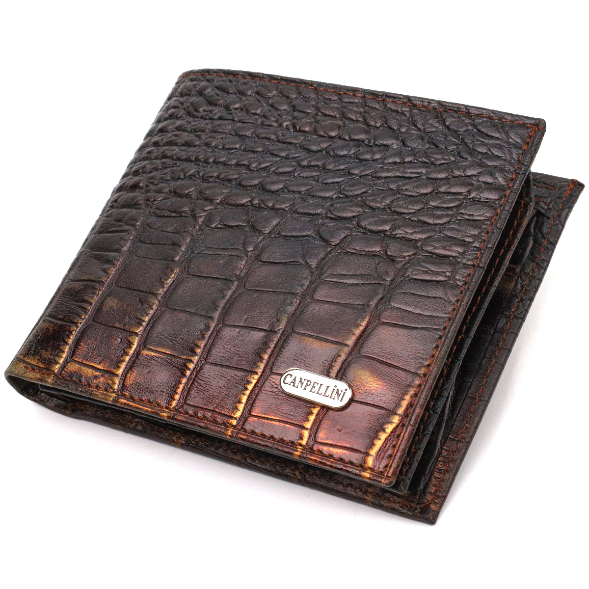 Оригінальне чоловіче портмоне з натуральної фактурної шкіри з тисненням під крокодила CANPELLINI Темно-коричневе