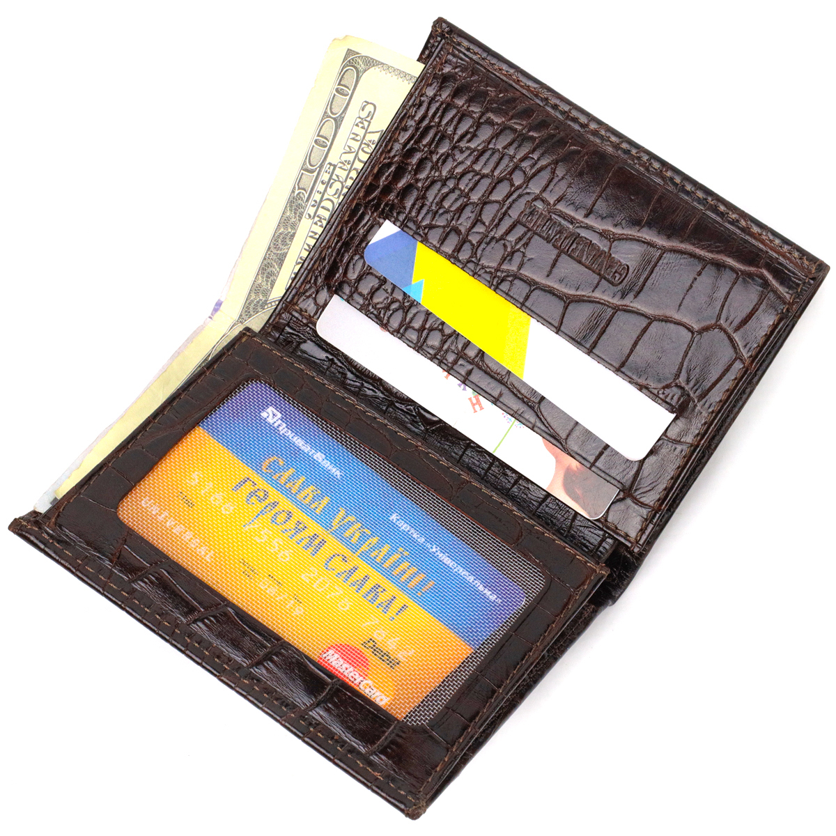 Компактний чоловічий гаманець із натуральної шкіри з тисненням під крокодила CANPELLINI Коричневий
