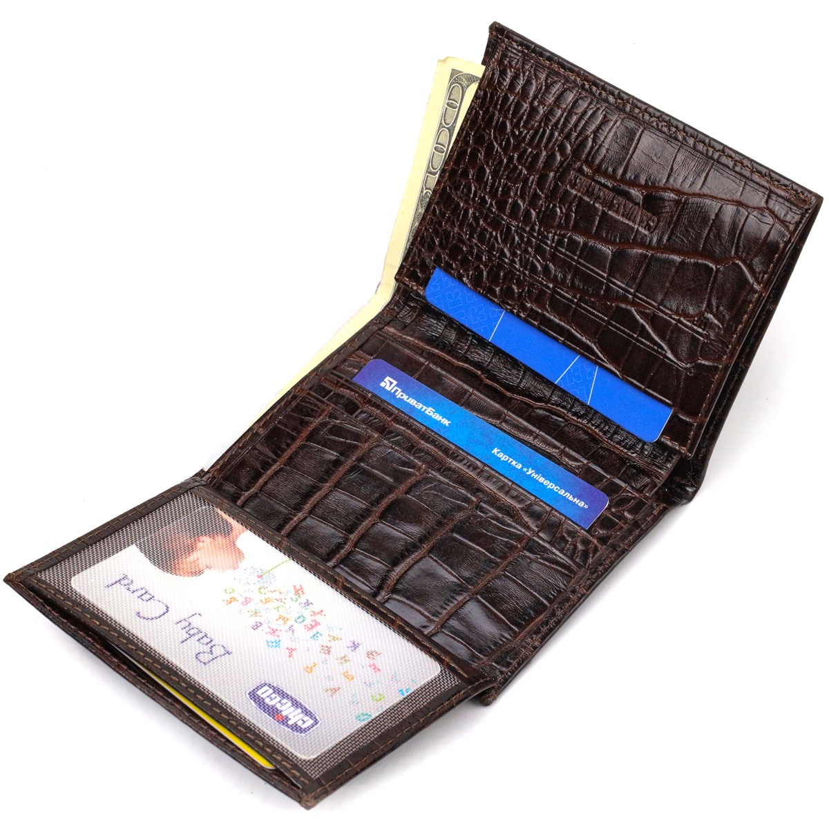 Компактний чоловічий гаманець із натуральної шкіри з тисненням під крокодила CANPELLINI Коричневий
