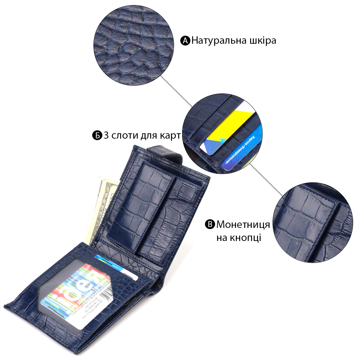 Гарний горизонтальний гаманець для чоловіків з натуральної шкіри з тисненням йод рептилію CANPELLINI Синий