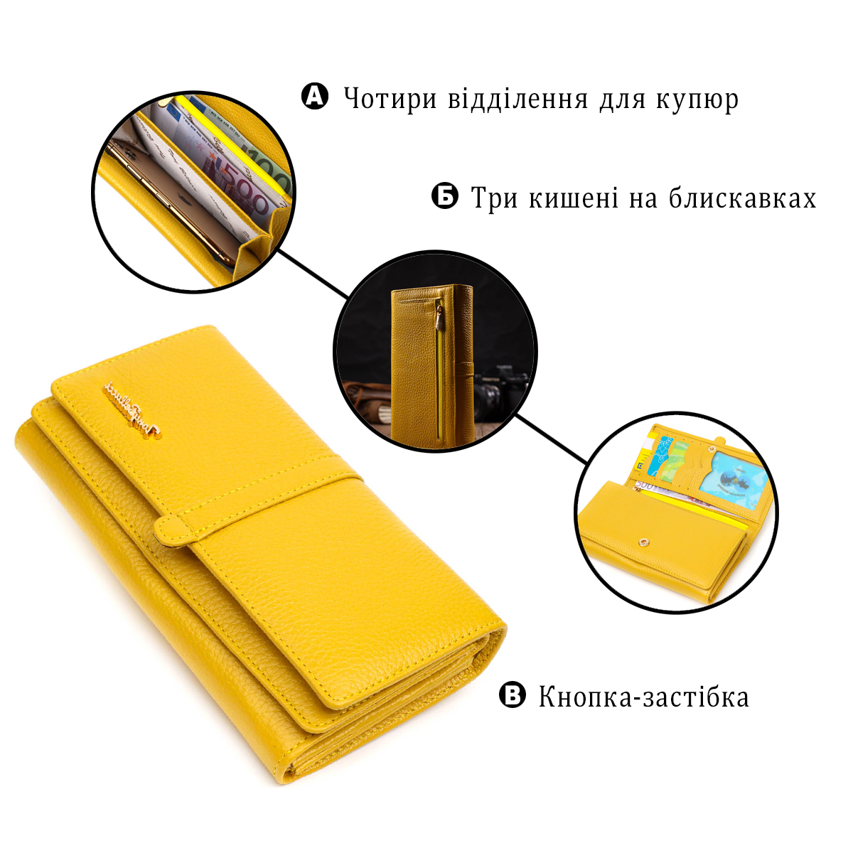 Барвистий жіночий гаманець з великою кількістю відділень із натуральної шкіри Tony Bellucci Жовтий