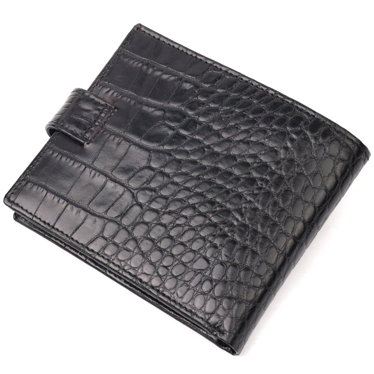 Горизонтальное узкое портмоне с хлястиком из натуральной фактурной кожи под крокодила KARYA Черный