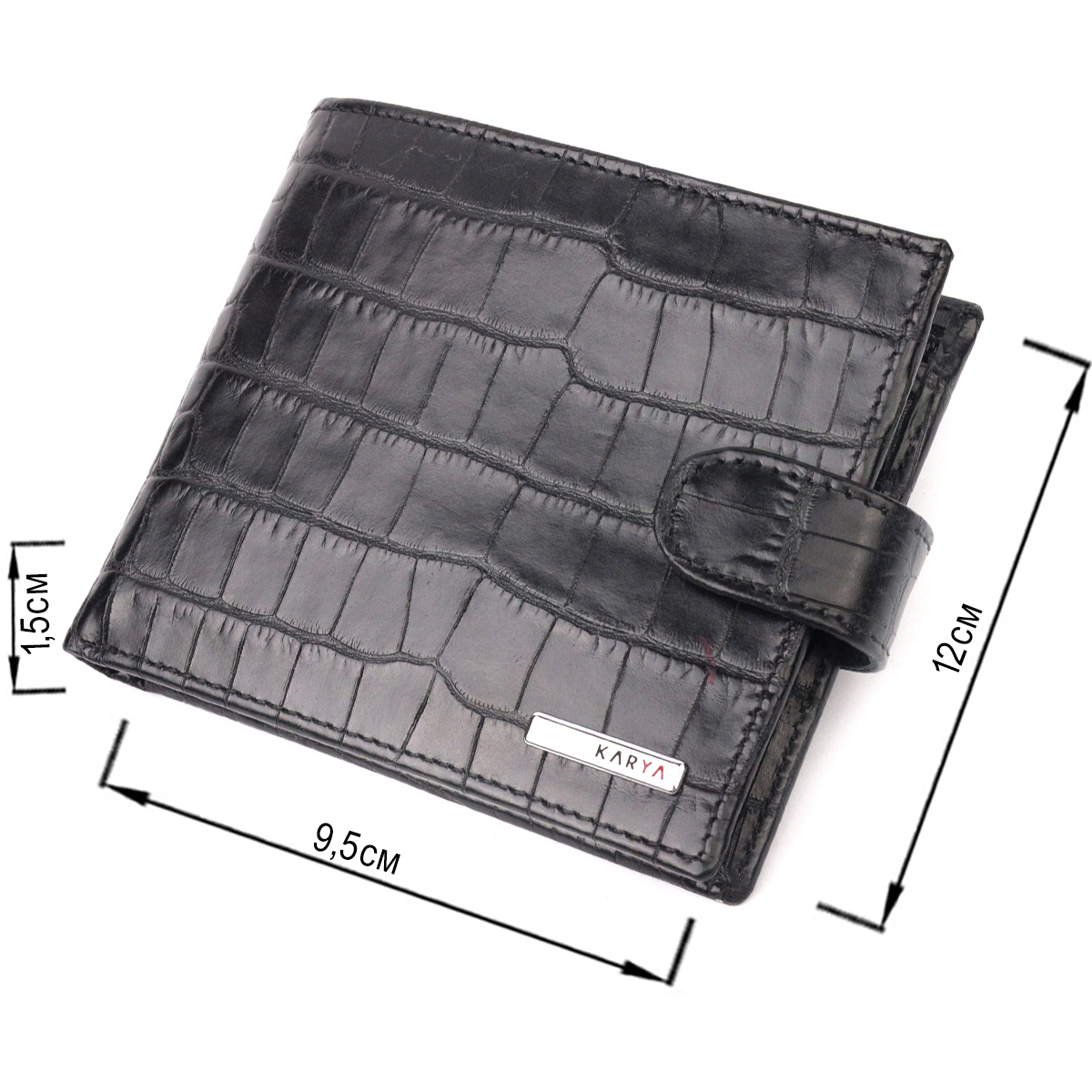 Горизонтальное узкое портмоне с хлястиком из натуральной фактурной кожи под крокодила KARYA Черный