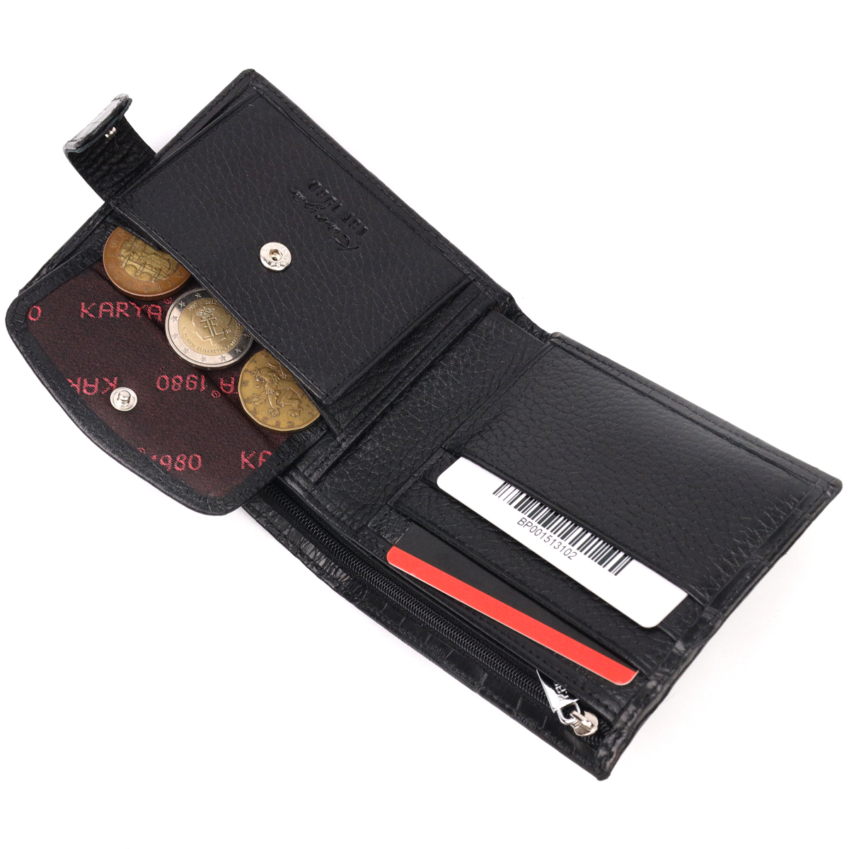 Горизонтальное узкое портмоне с хлястиком из натуральной фактурной кожи под крокодила KARYA Черный