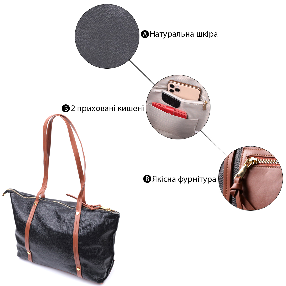 Дивовижна двокольорова сумка жіноча з натуральної шкіри Vintage Чорний