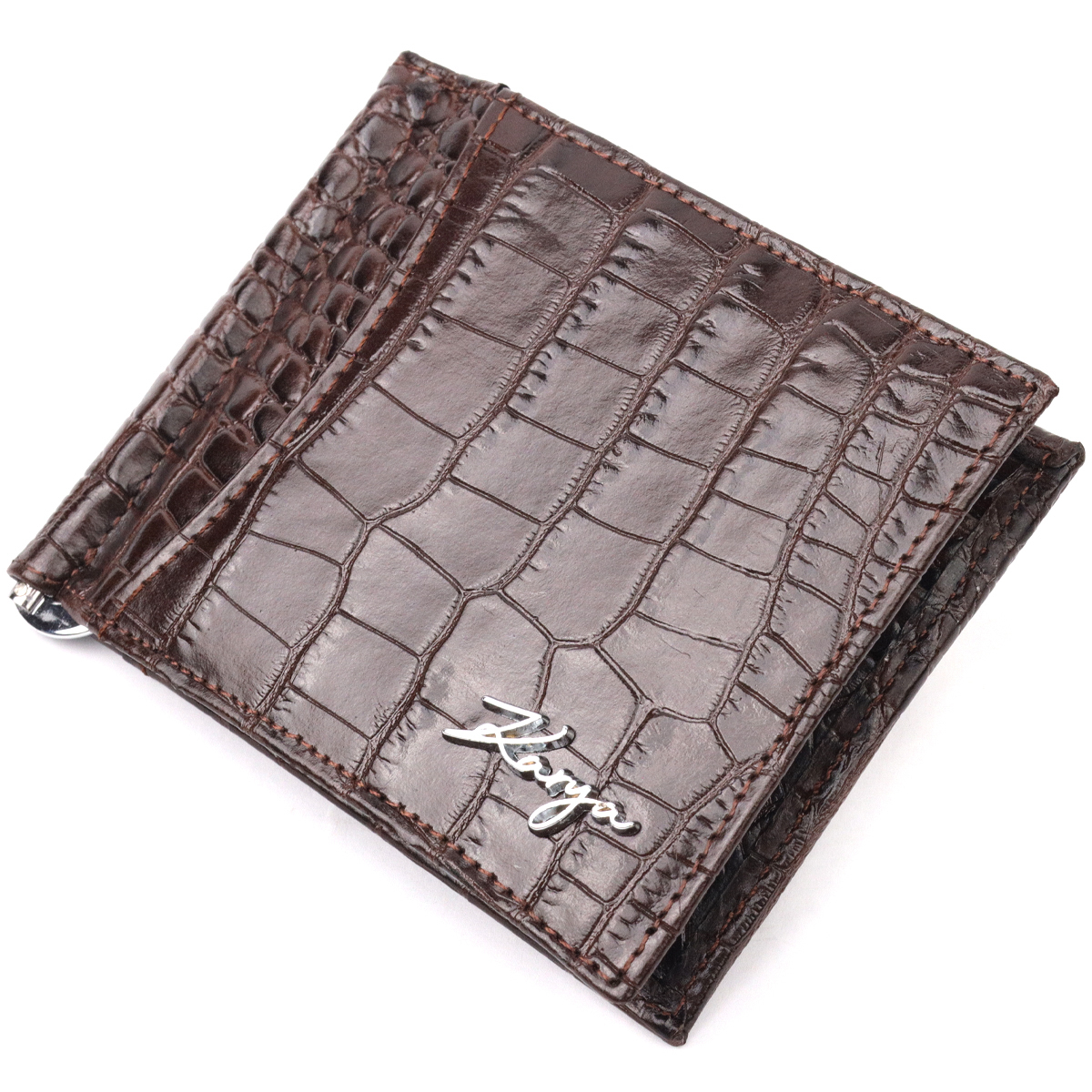 Превосходный мужской зажим из натуральной кожи с тиснением под крокодила KARYA Коричневый