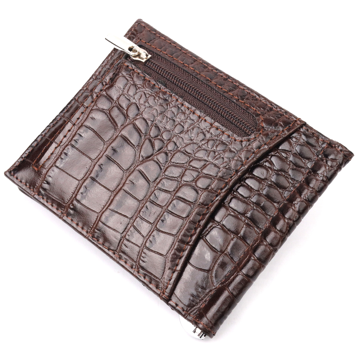 Превосходный мужской зажим из натуральной кожи с тиснением под крокодила KARYA Коричневый