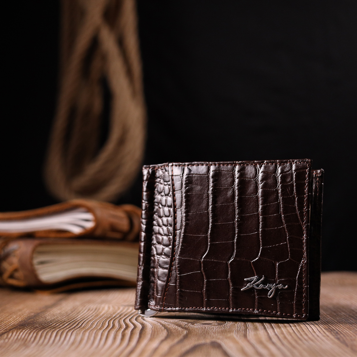 Превосходный мужской зажим из натуральной кожи с тиснением под крокодила KARYA Коричневый