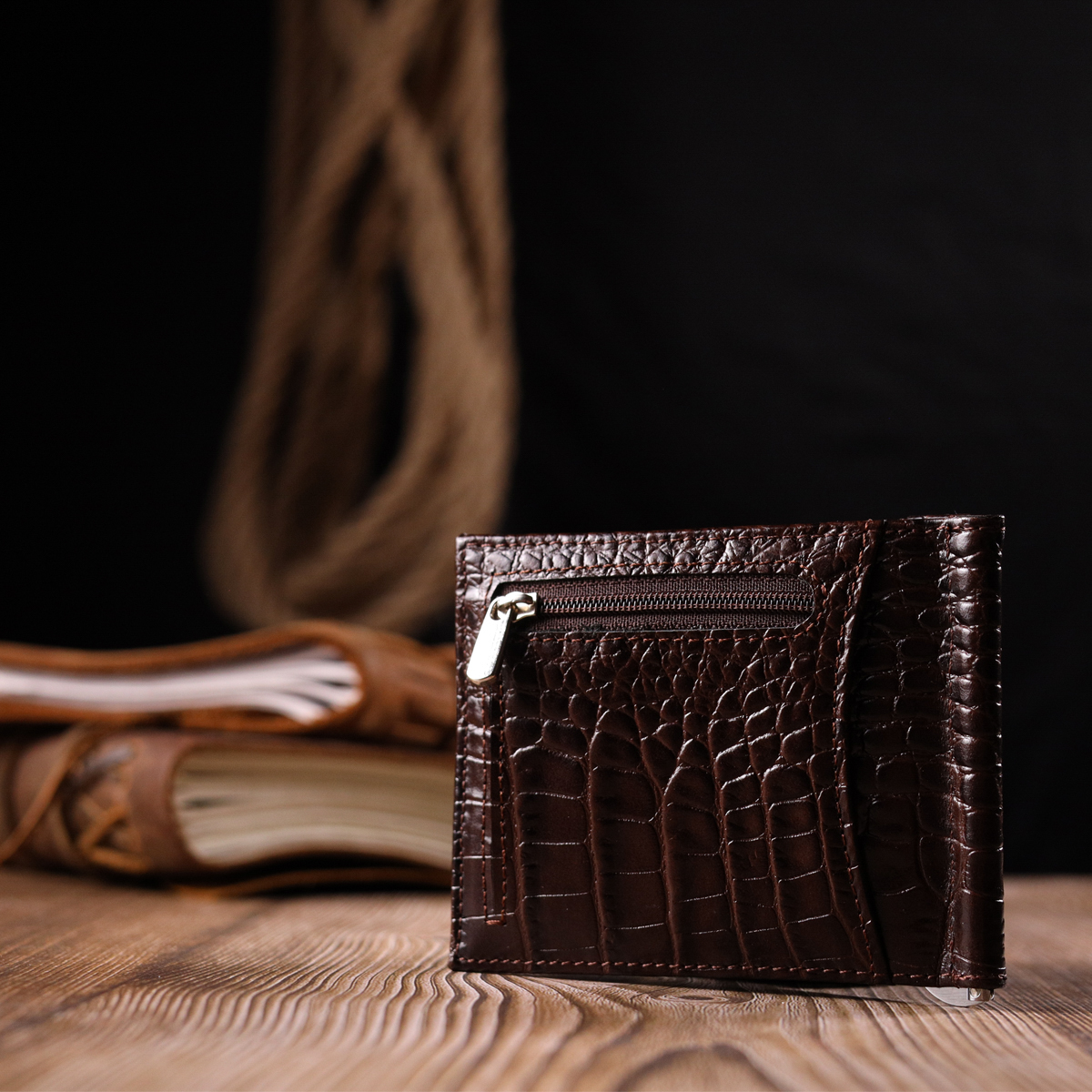 Превосходный мужской зажим из натуральной кожи с тиснением под крокодила KARYA Коричневый