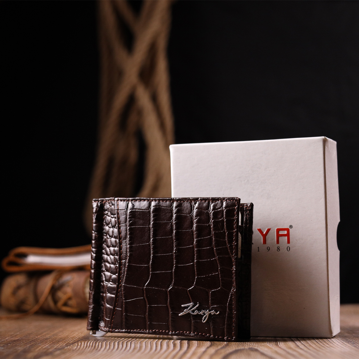 Превосходный мужской зажим из натуральной кожи с тиснением под крокодила KARYA Коричневый