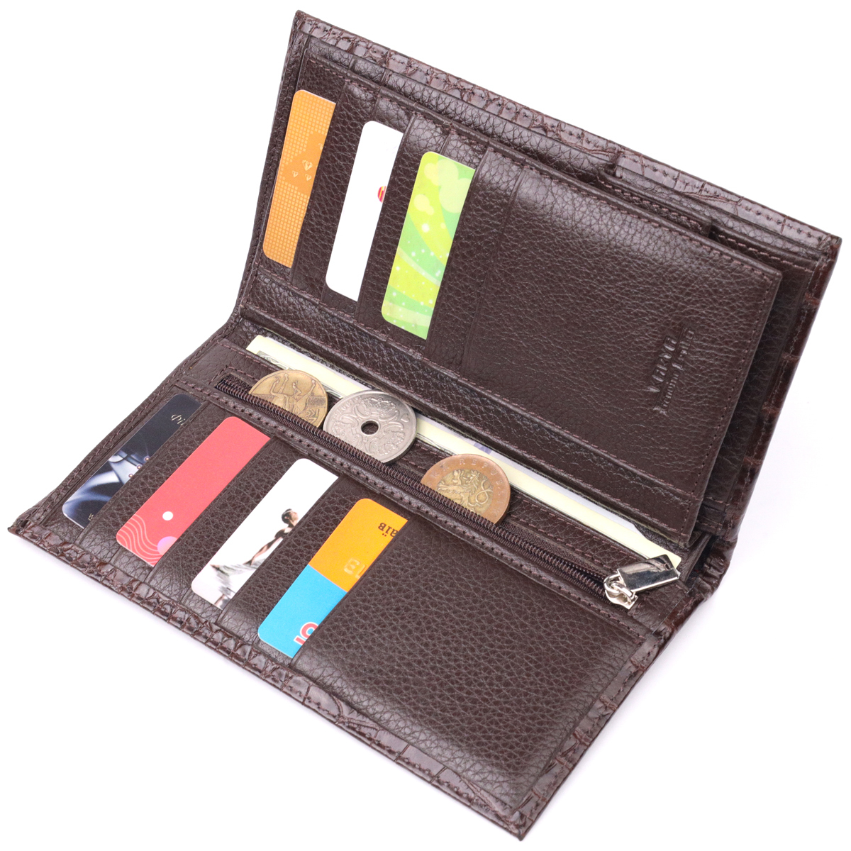 Надежный вертикальный бумажник из натуральной кожи с тиснением под крокодила KARYA Коричневый