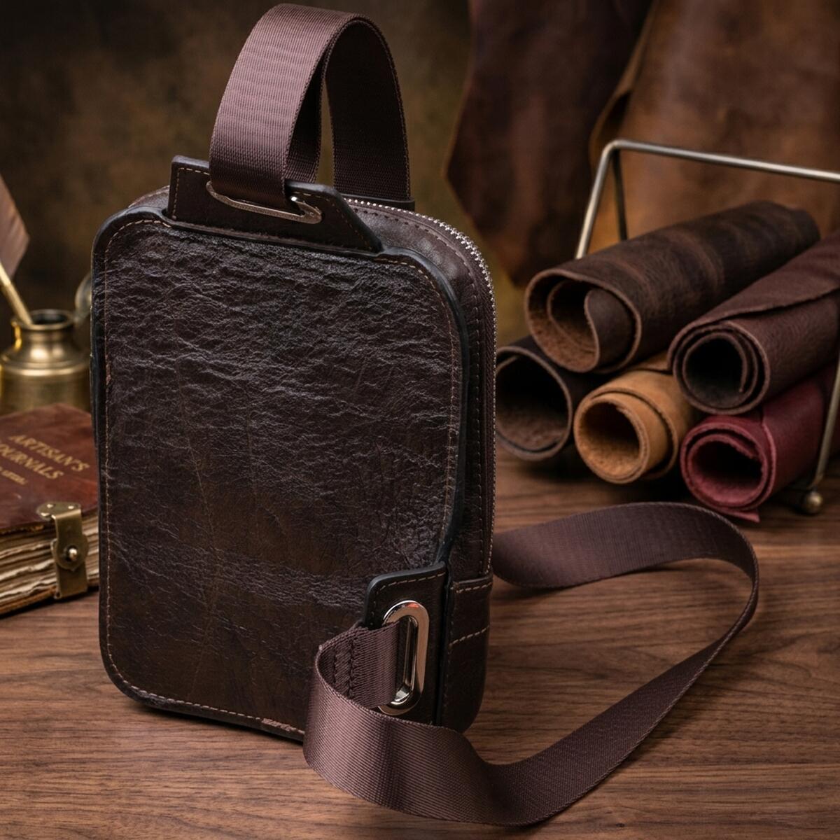 Чоловіча прямокутна сумка бананка з гладкої натуральної шкіри GRANDE PELLE Коричневий