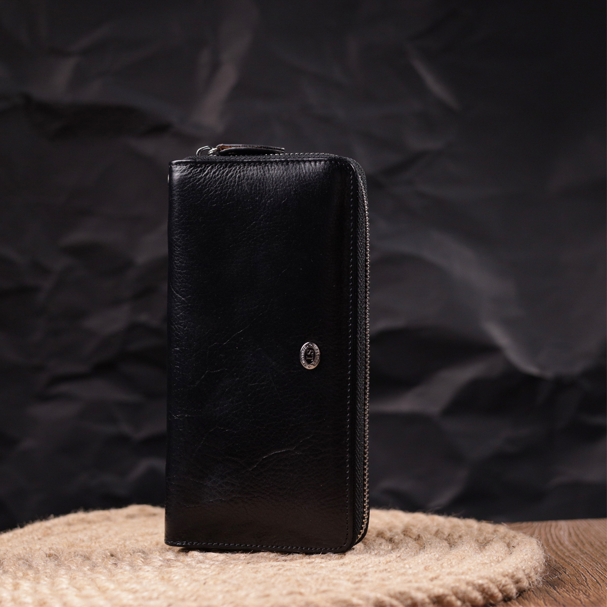 Кошелек мужской из натуральной гладкой кожи на молнии ST Leather Черный