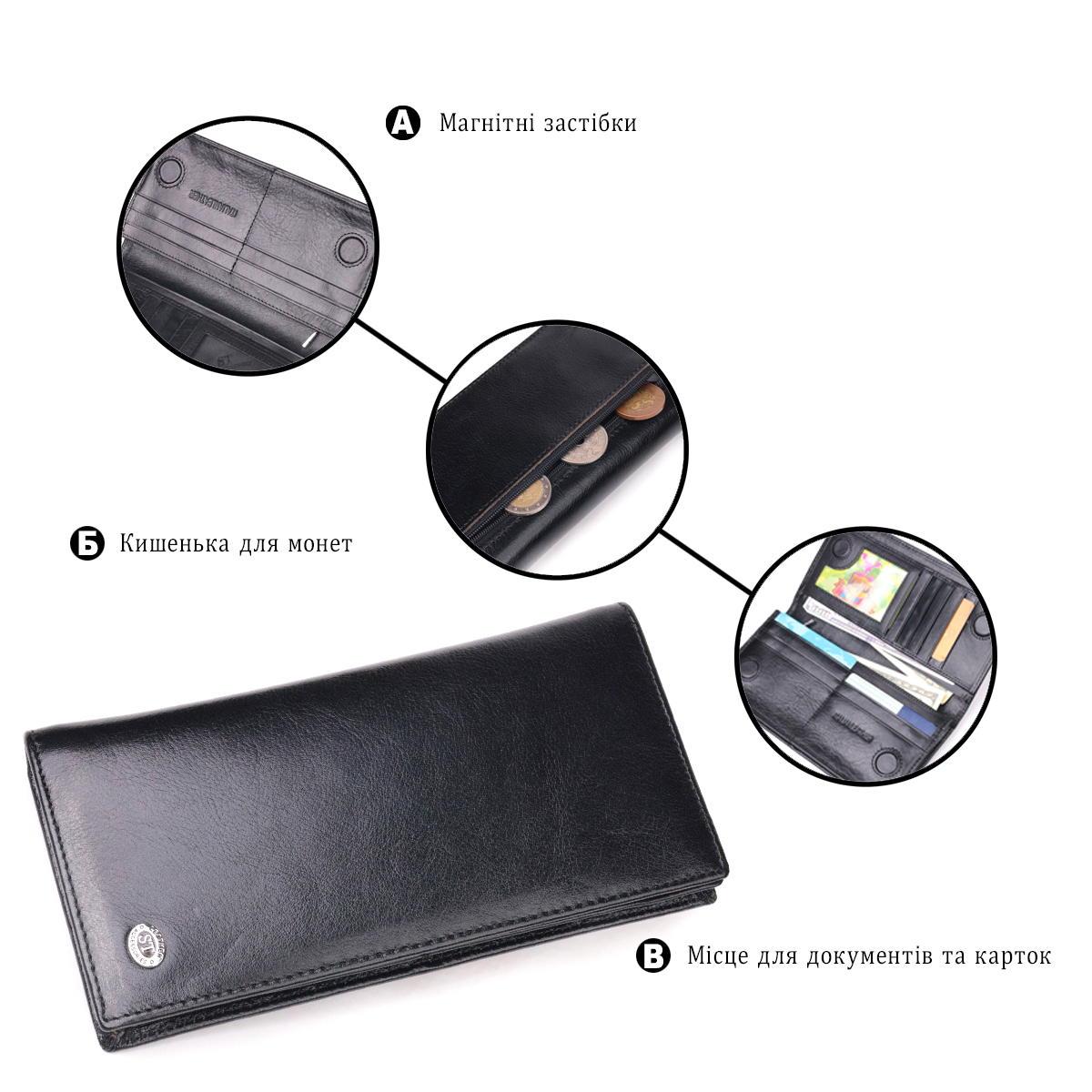 Надежный мужской бумажник из натуральной гладкой кожи в два сложения ST Leather Черный