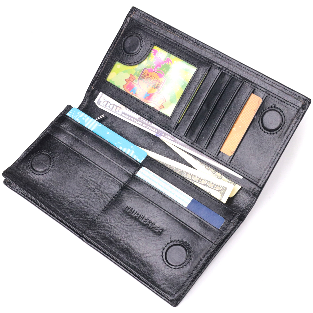 Надежный мужской бумажник из натуральной гладкой кожи в два сложения ST Leather Черный