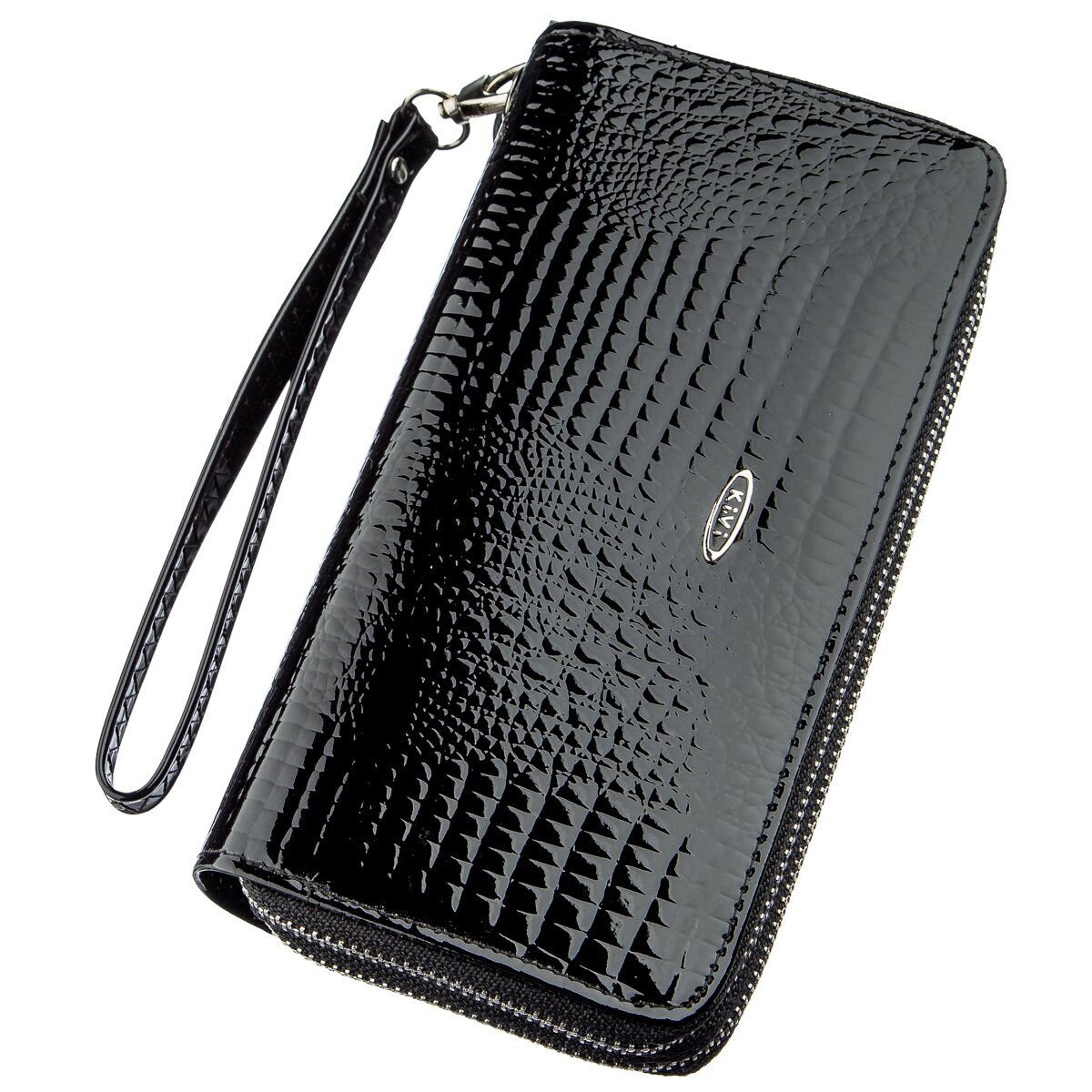 Гаманець жіночий з екокожі на дві блискавки лаковий KIVI Хамелеон Чорний