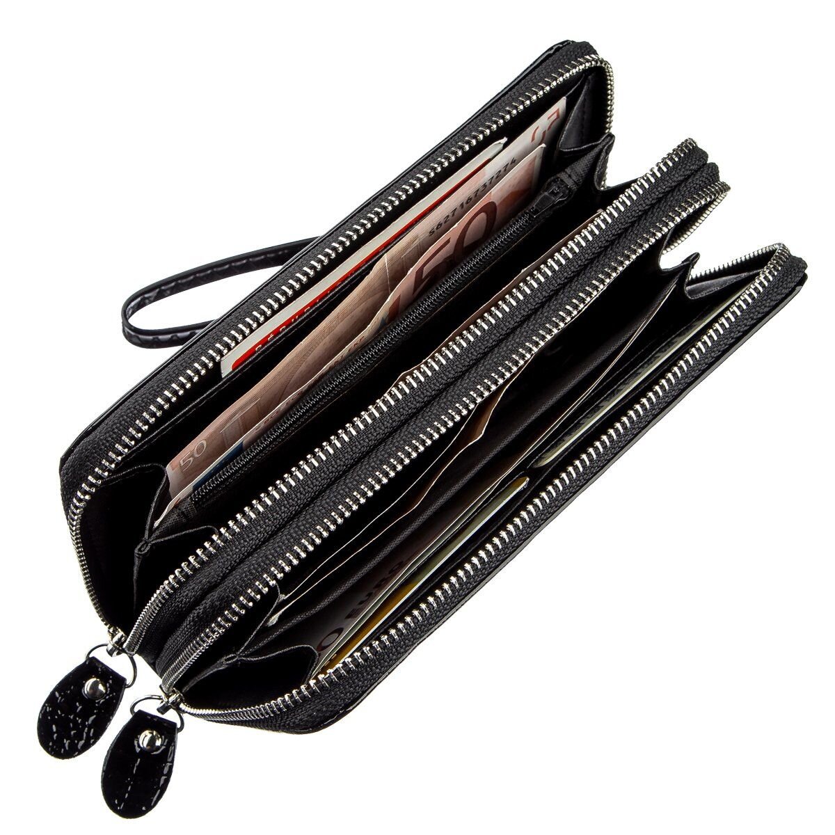 Гаманець жіночий з екокожі на дві блискавки лаковий KIVI Хамелеон Чорний