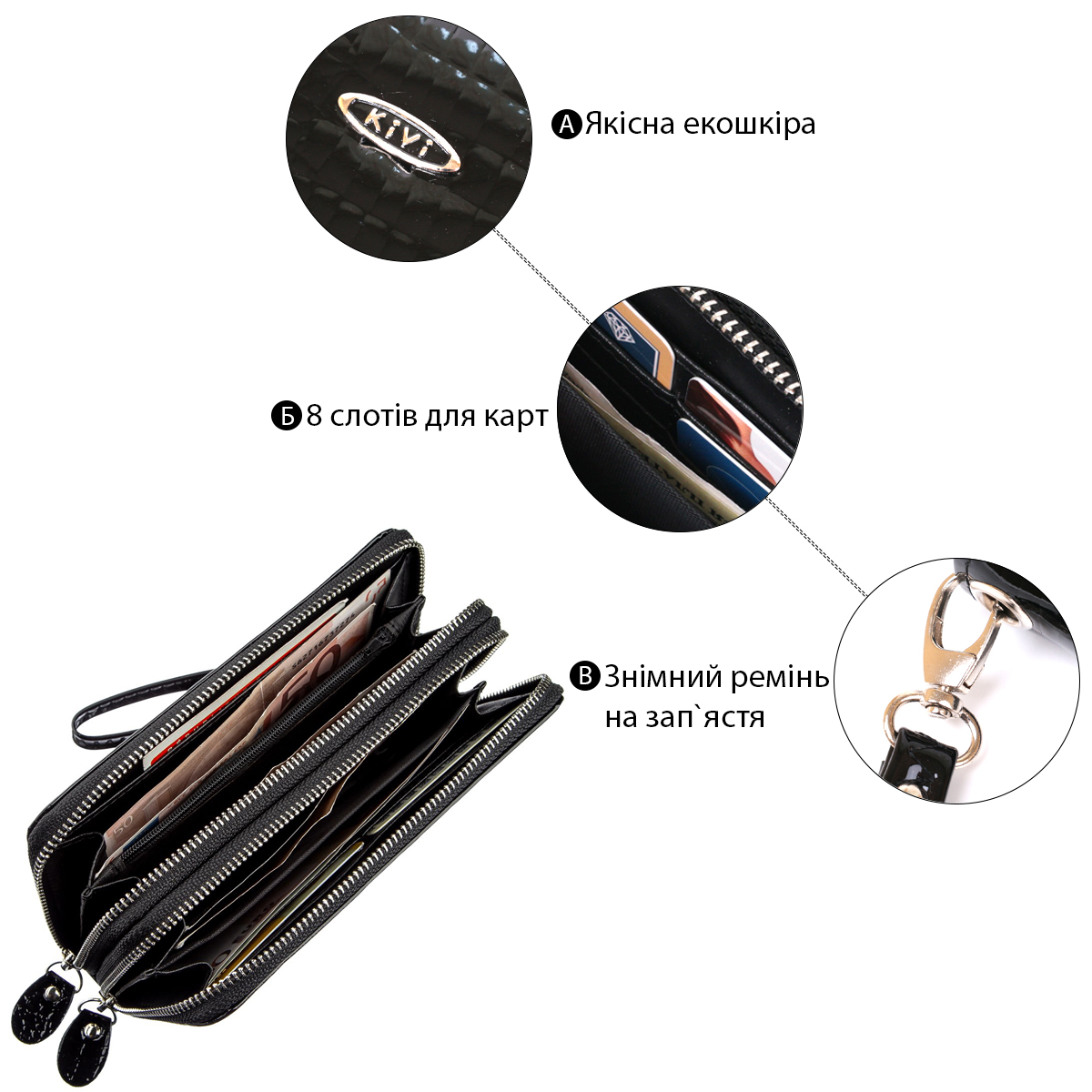 Гаманець жіночий з екокожі на дві блискавки лаковий KIVI Хамелеон Чорний