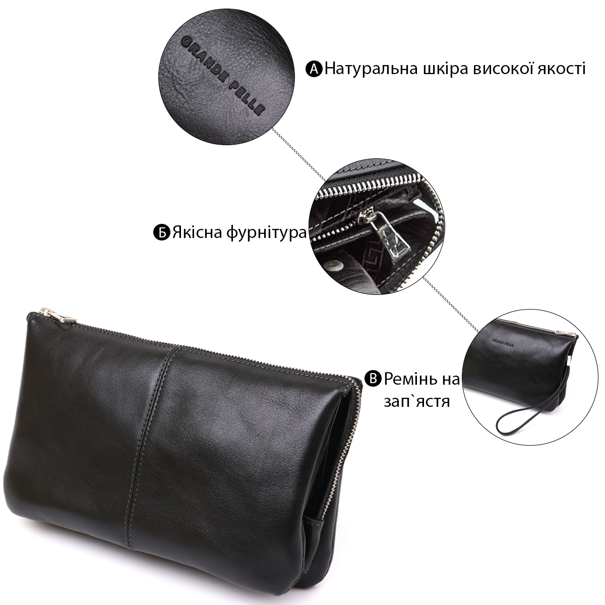 Барсетка чоловіча GRANDE PELLE з гладкої шкіри Чорна
