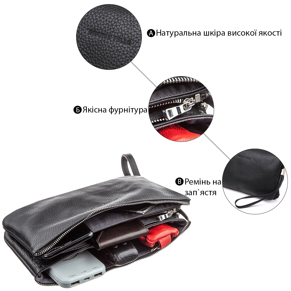 Барсетка чоловіча GRANDE PELLE шкіряна Чорна флотар