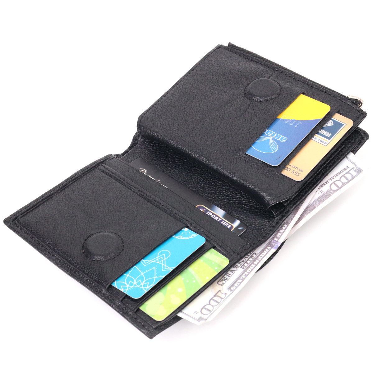 Вместительный вертикальный небольшой кожаный кошелек KARYA Черный