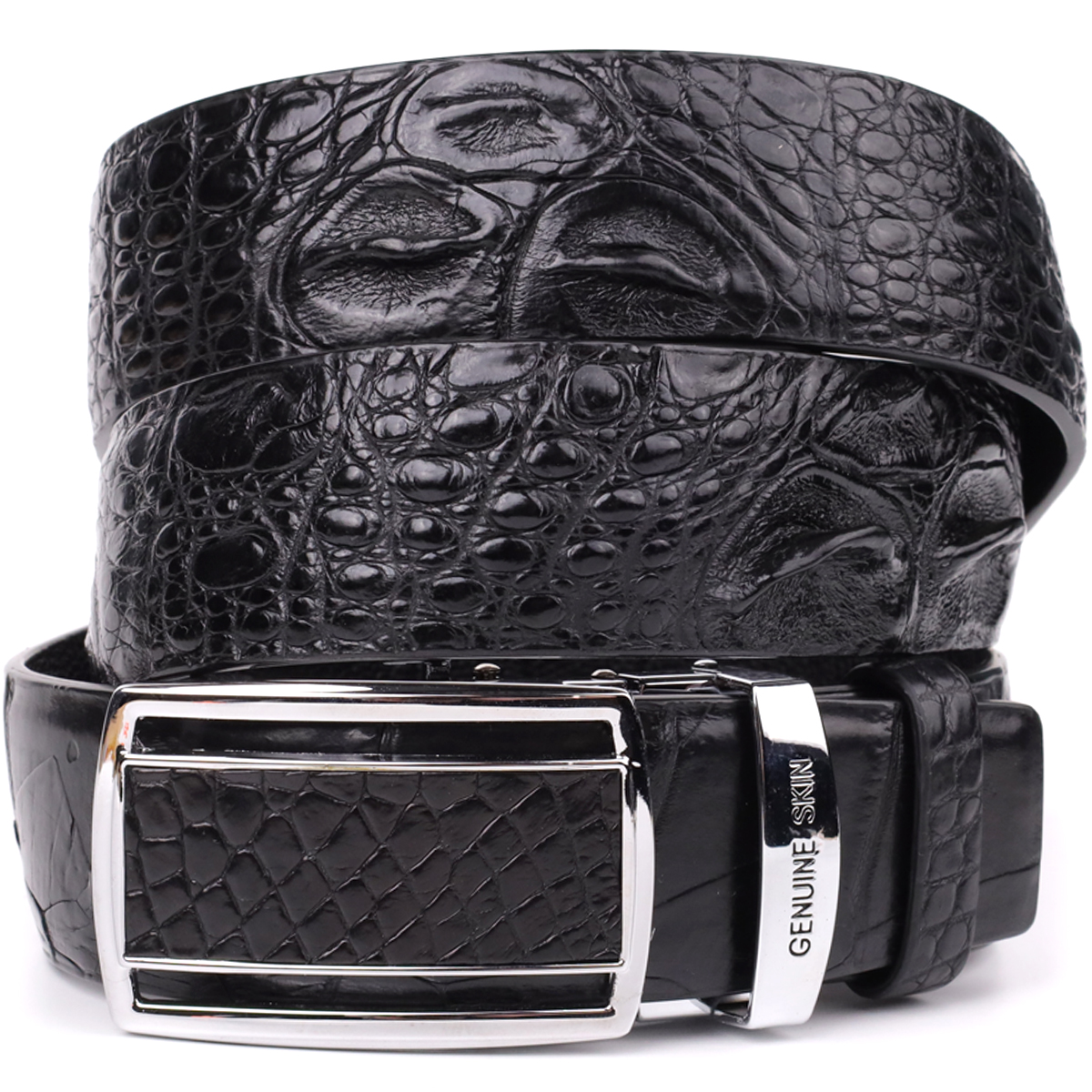 Ремень-автомат CROCODILE LEATHER из натуральной кожи крокодила Черный