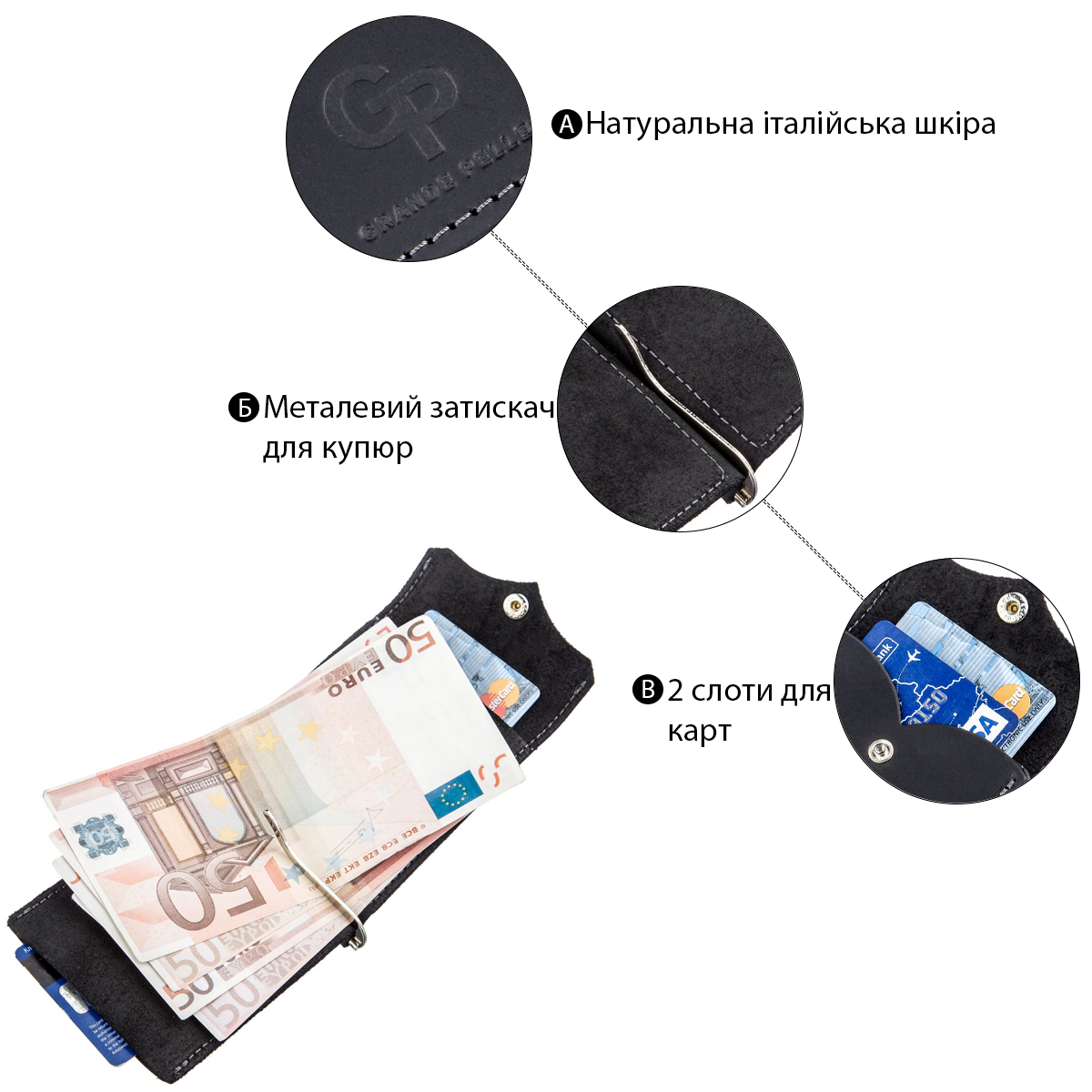 Компактний Затискач для грошей GRANDE PELLE Чорний