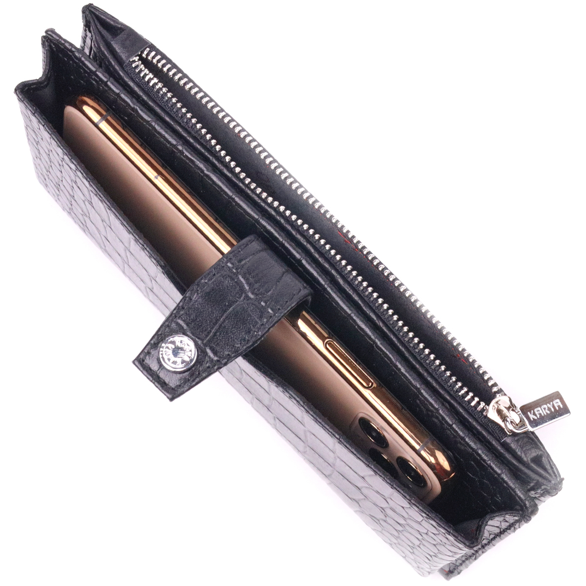 Вертикальное мужское портмоне из натуральной кожи с тиснением под крокодила KARYA Черный
