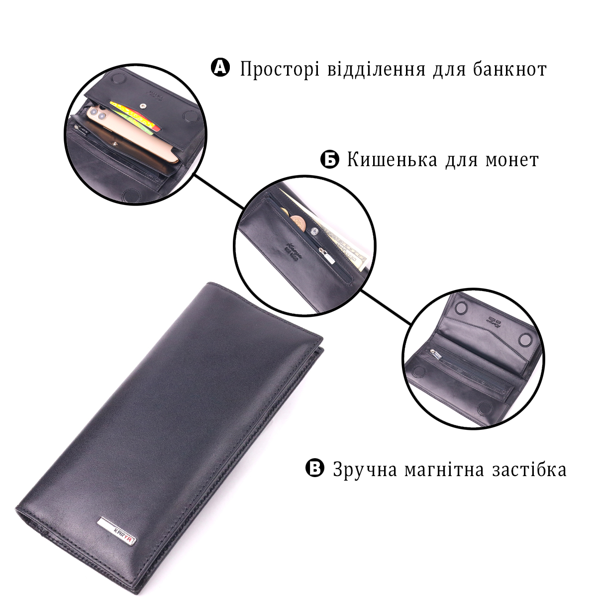 Класичний вертикальний гаманець з натуральної гладкої шкіри KARYA Чорний