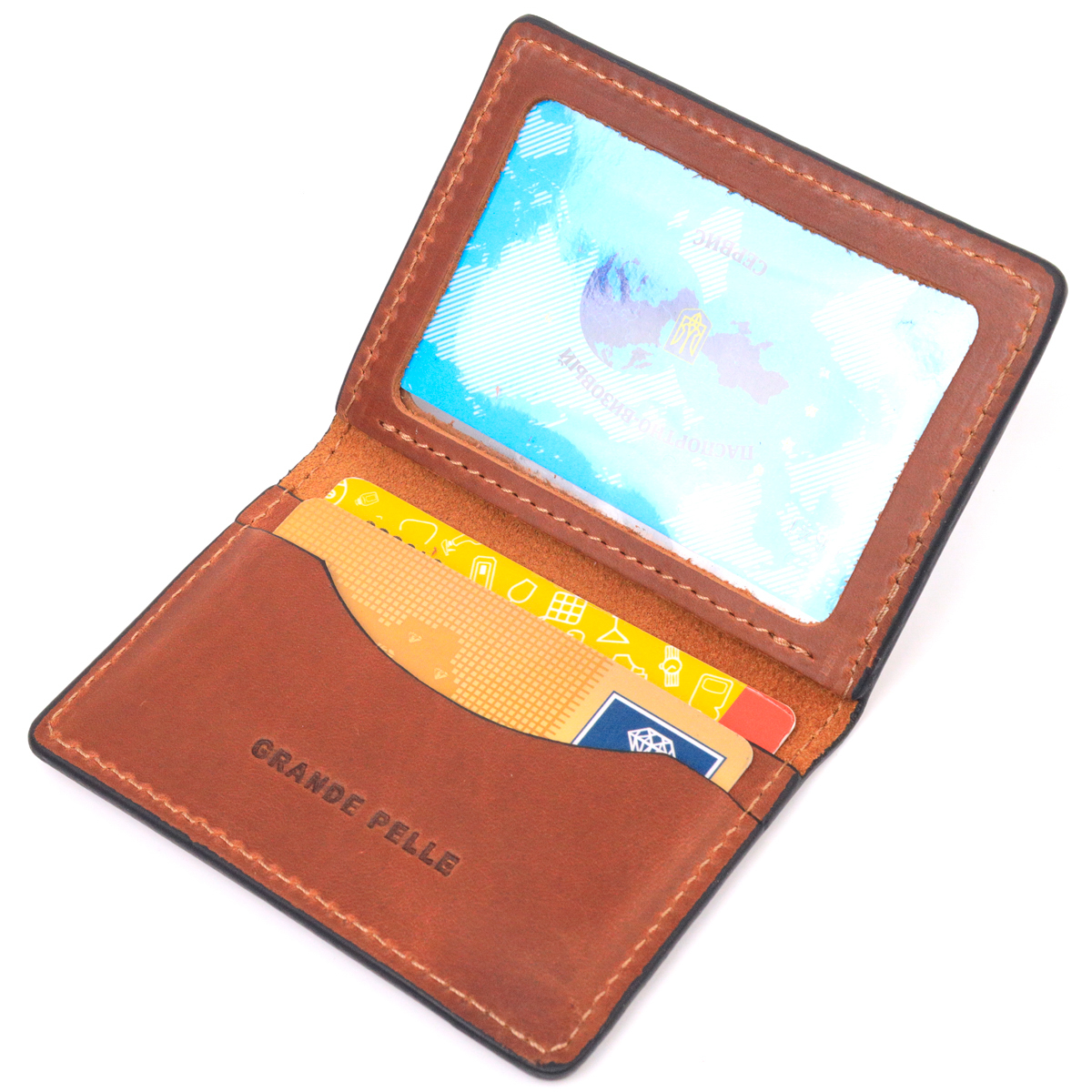 Відмінна обкладинка на автодокументи у вінтажній шкірі Слава ЗСУ GRANDE PELLE Світло-коричнева