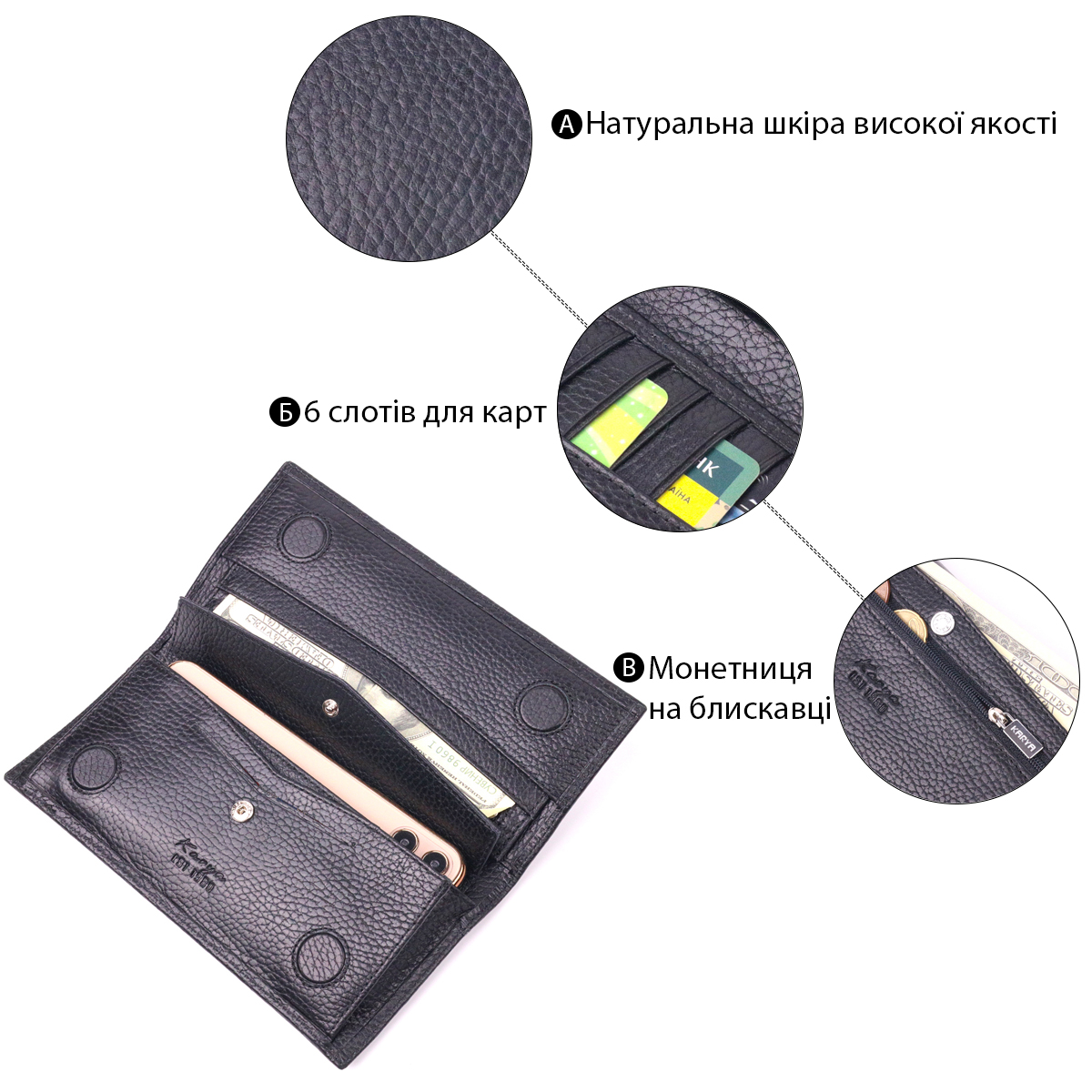 Вертикальний чоловічий гаманець із натуральної зернистої шкіри KARYA Чорний