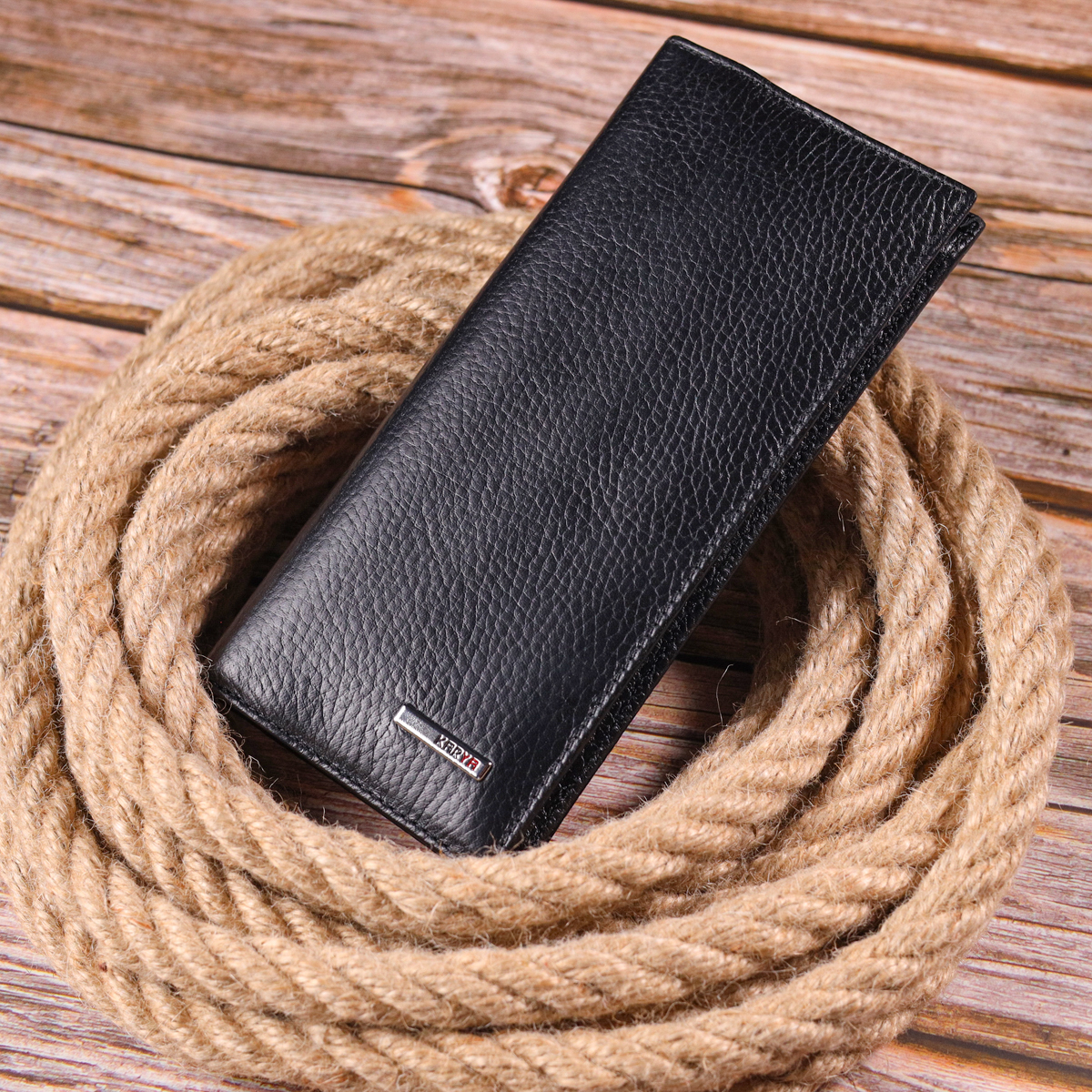 Вертикальний чоловічий гаманець із натуральної зернистої шкіри KARYA Чорний