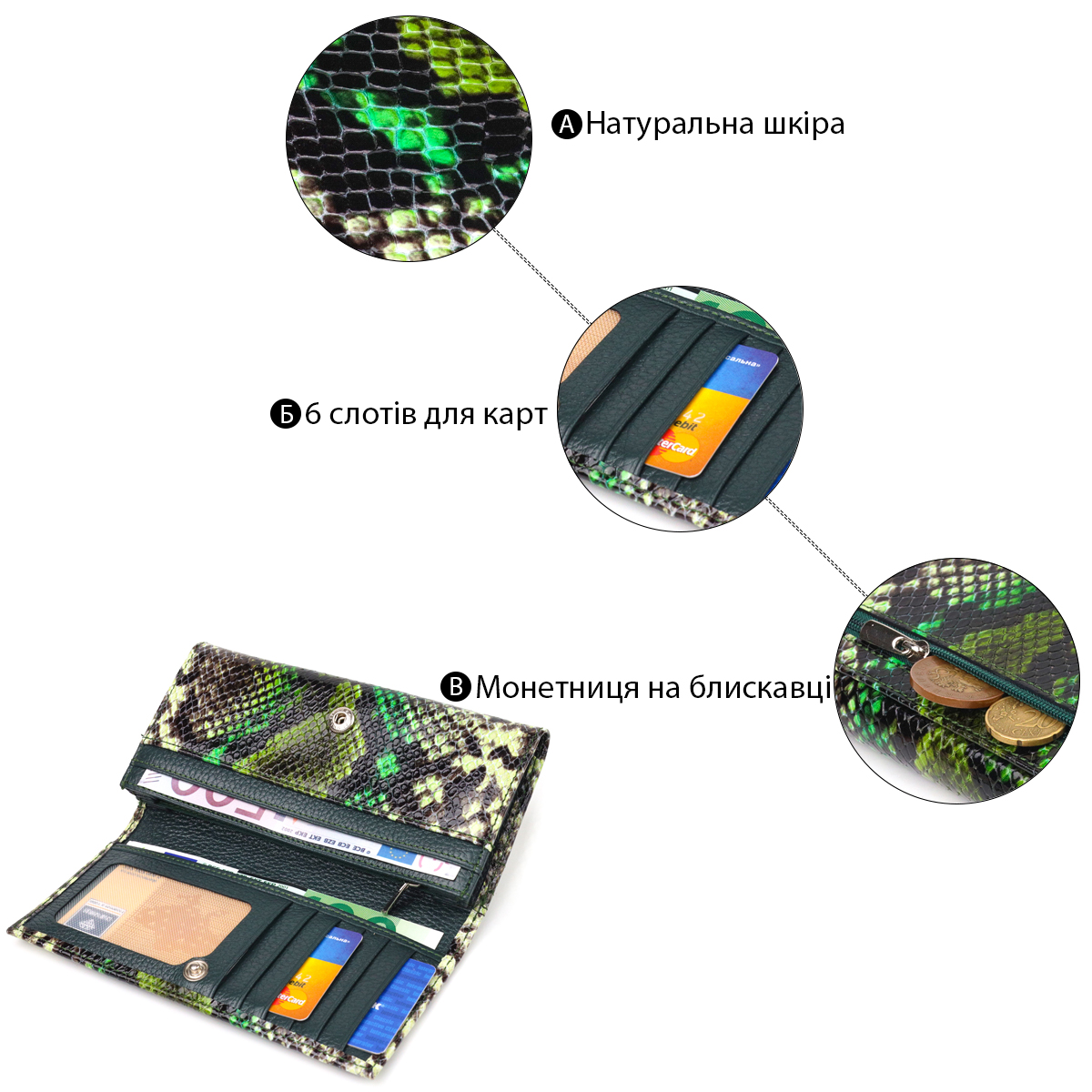 Гарний горизонтальний жіночий гаманець з натуральної шкіри з тисненням під змію CANPELLINI Різнокольоровий