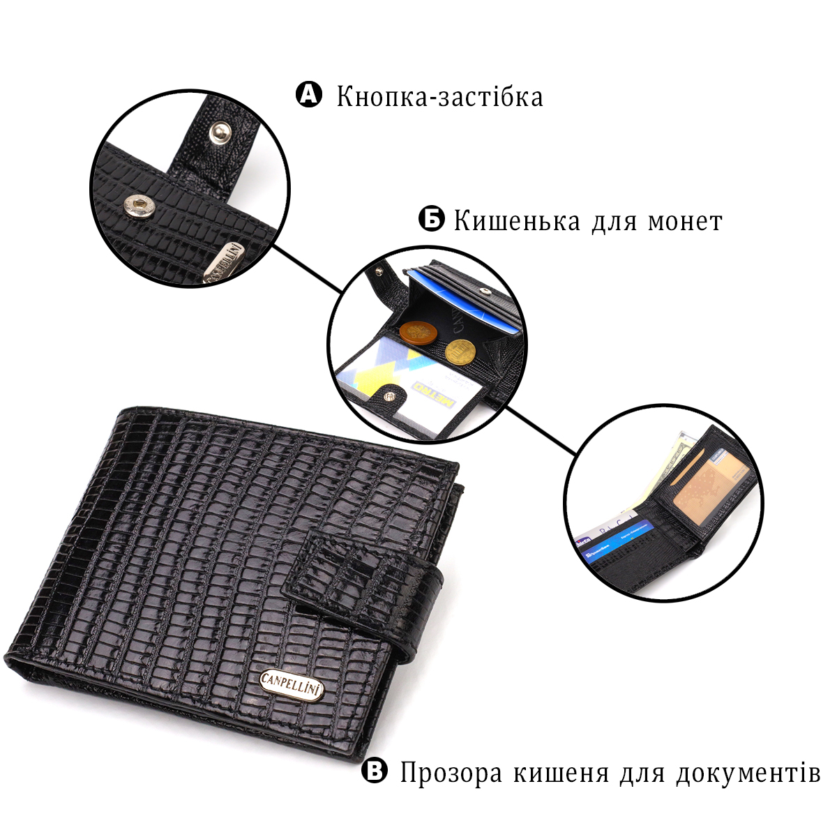 Невеликий фактурний чоловічий гаманець із натуральної шкіри з тисненням CANPELLINI Чорний