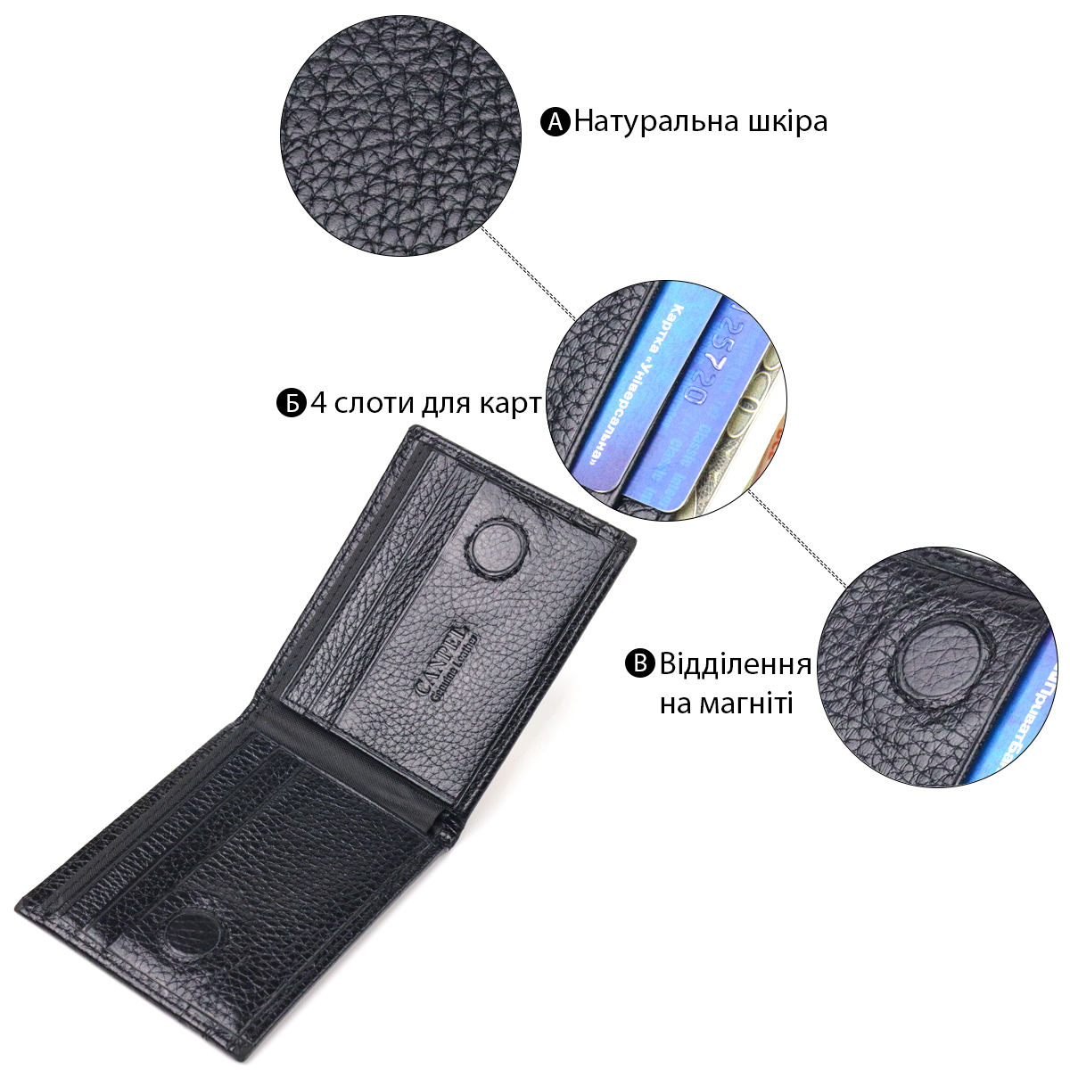 Практичний затиск із натуральної зернистої шкіри CANPELLINI Чорний