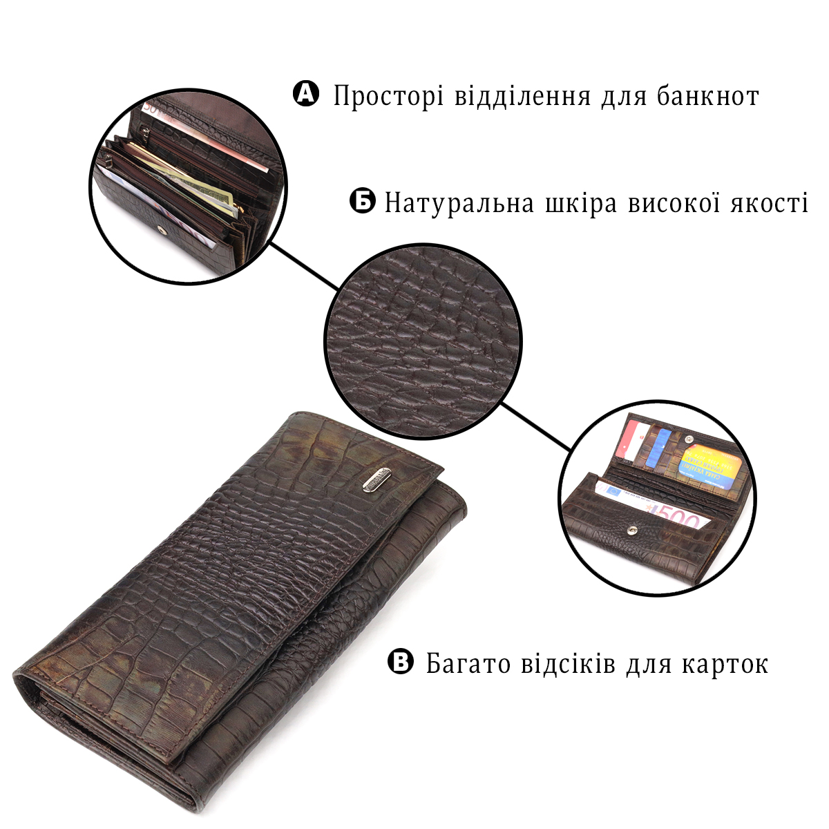 Цікавий жіночий гаманець із монетницею з натуральної фактурної шкіри CANPELLINI Різнокольоровий