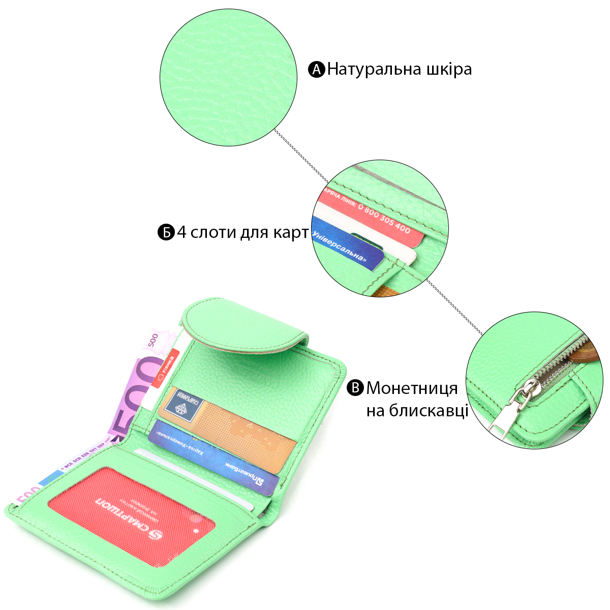 Компактний жіночий гаманець з натуральної шкіри CANPELLINI Салатовий