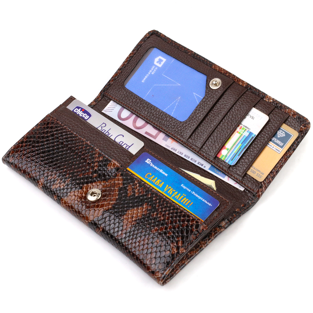 Лакований жіночий гаманець із фактурної натуральної шкіри з тисненням під змію CANPELLINI Коричневий