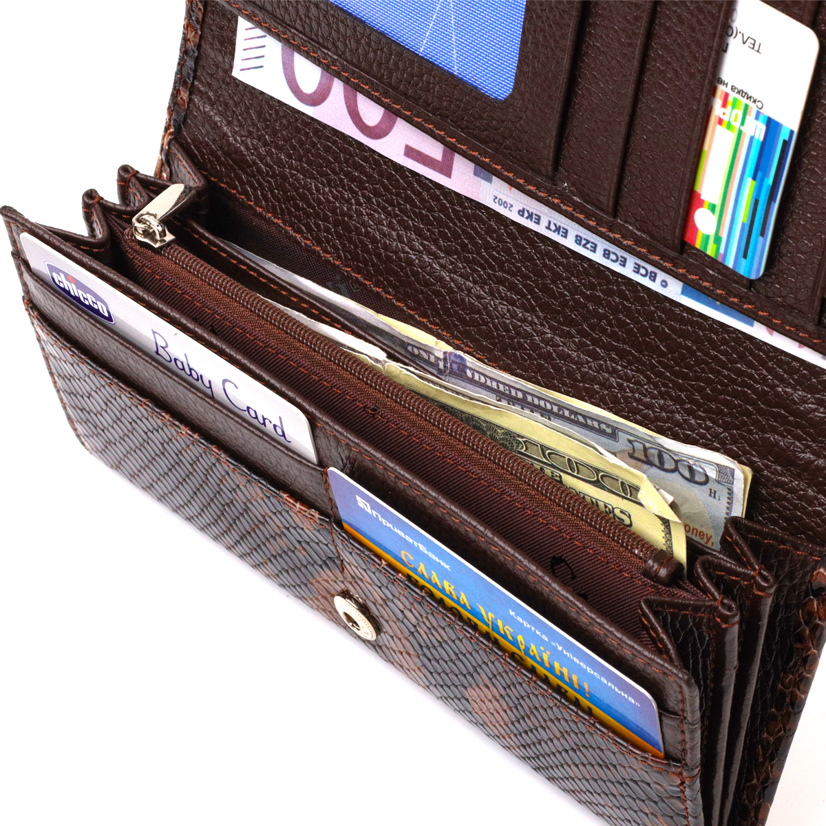 Лакований жіночий гаманець із фактурної натуральної шкіри з тисненням під змію CANPELLINI Коричневий