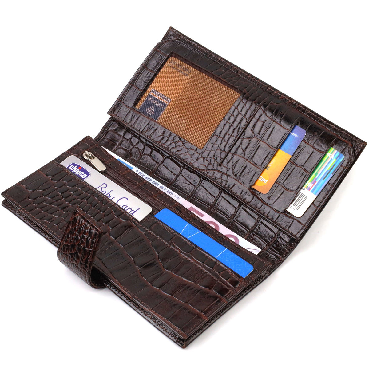 Вместительное вертикальное мужское портмоне из натуральной фактурной кожи с тиснением под крокодила CANPELLINI Коричневое