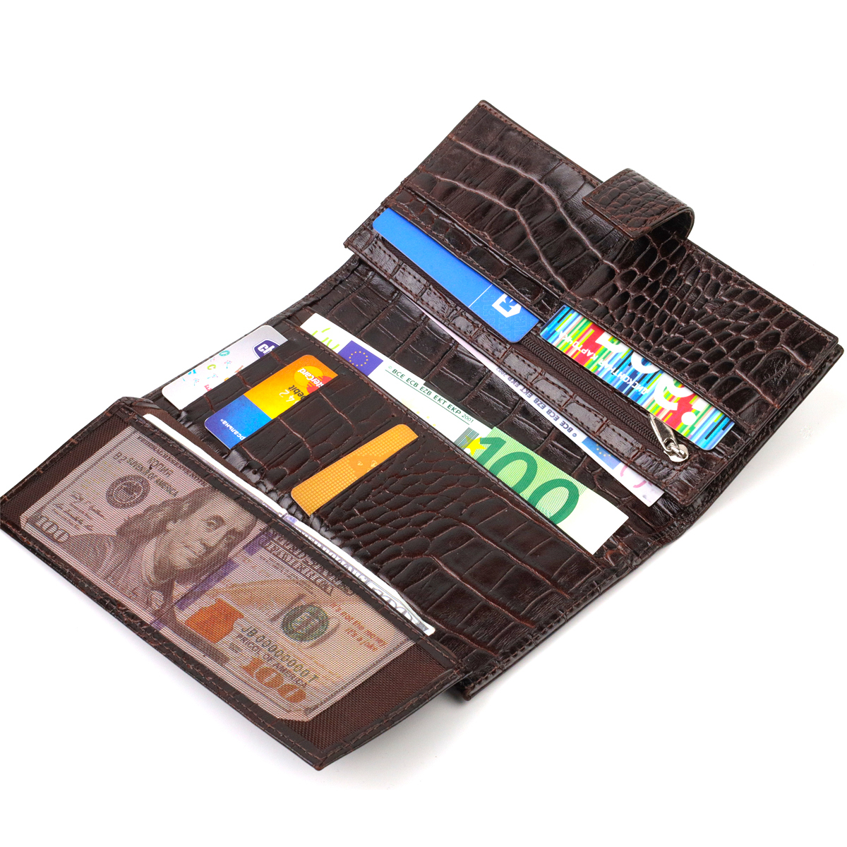 Вместительное вертикальное мужское портмоне из натуральной фактурной кожи с тиснением под крокодила CANPELLINI Коричневое