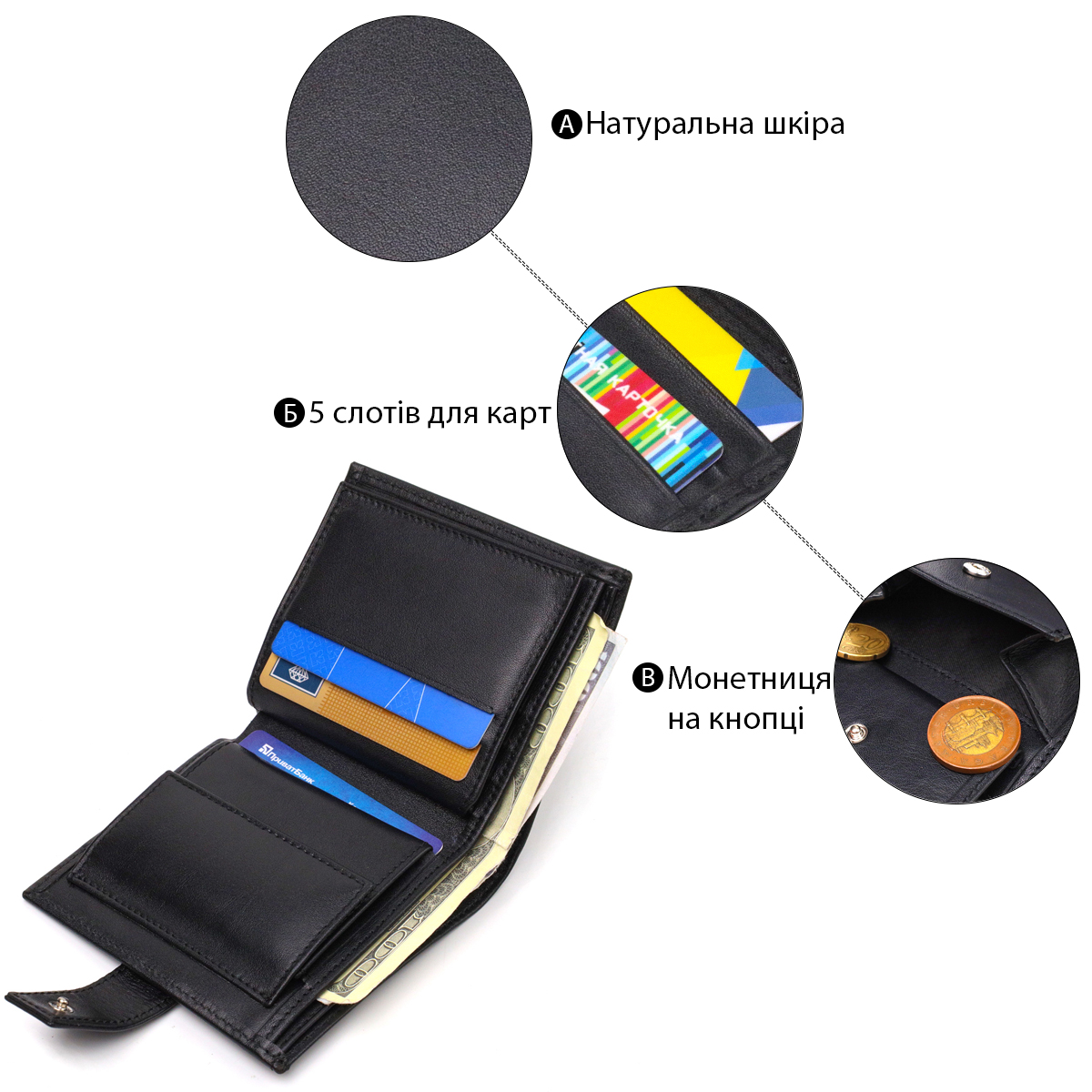 Модный мужской бумажник из натуральной гладкой кожи CANPELLINI Черный