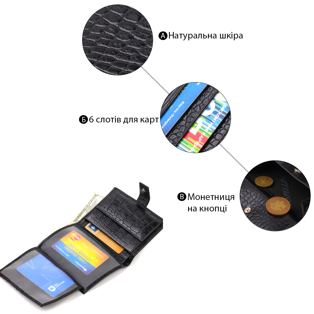 Стильний вертикальний чоловічий гаманець середнього розміру з натуральної шкіри з тисненням під крокодила CANPELLINI Чорний