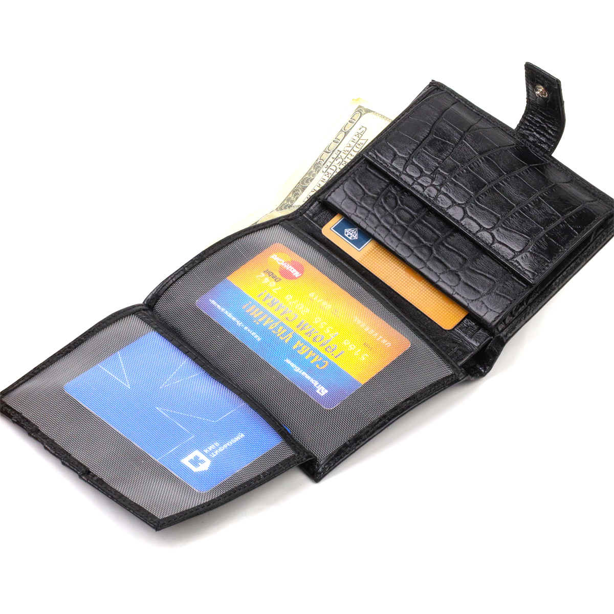 Стильний вертикальний чоловічий гаманець середнього розміру з натуральної шкіри з тисненням під крокодила CANPELLINI Чорний