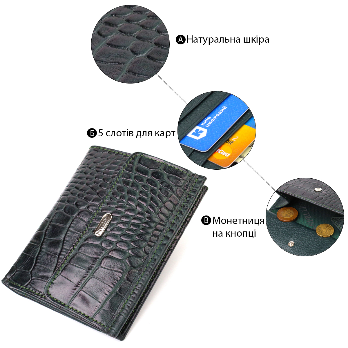 Красивый кошелек для женщин среднего размера из натуральной кожи с тиснением под крокодила CANPELLINI Зеленый