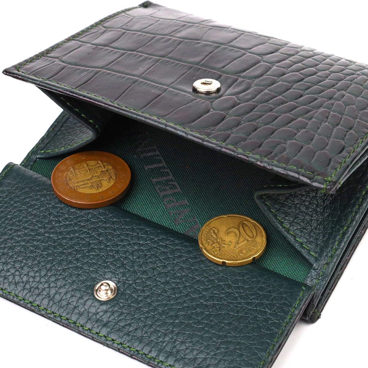 Красивый кошелек для женщин среднего размера из натуральной кожи с тиснением под крокодила CANPELLINI Зеленый