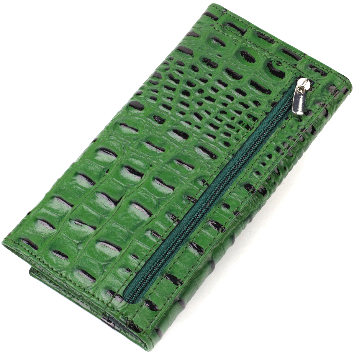 Оригінальний гаманець для жінок з натуральної фактурної шкіри з тисненням під крокодила CANPELLINI Зелений