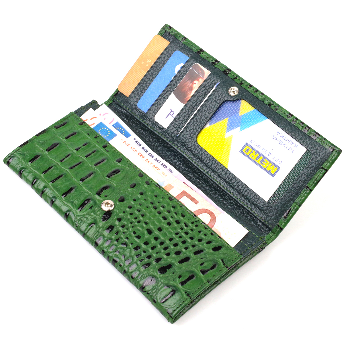 Оригінальний гаманець для жінок з натуральної фактурної шкіри з тисненням під крокодила CANPELLINI Зелений
